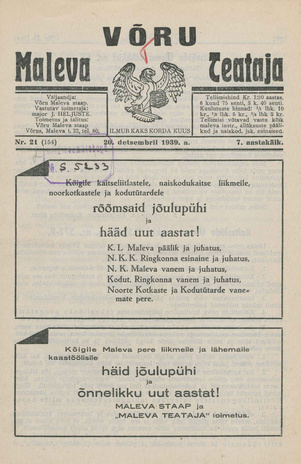 Võru Maleva Teataja ; 21 (154) 1939-12-20
