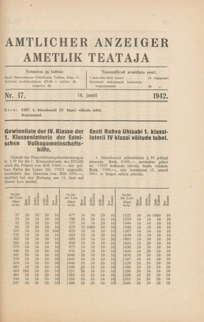 Ametlik Teataja. III osa = Amtlicher Anzeiger. III Teil ; 17 1942-06-16