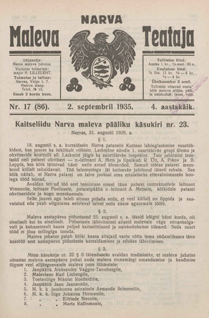 Narva Maleva Teataja ; 17 (86) 1935-09-02