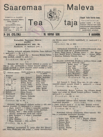 Saaremaa Maleva Teataja ; 5/6 (213/214) 1938-03-16