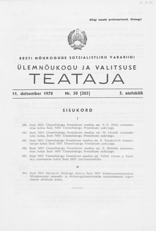 Eesti Nõukogude Sotsialistliku Vabariigi Ülemnõukogu ja Valitsuse Teataja ; 50 (265) 1970-12-11