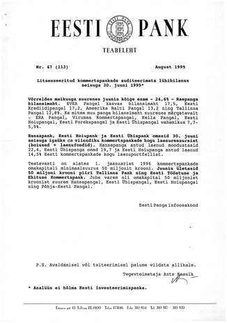Eesti Pank : teabeleht ; 47 (113) 1995-08