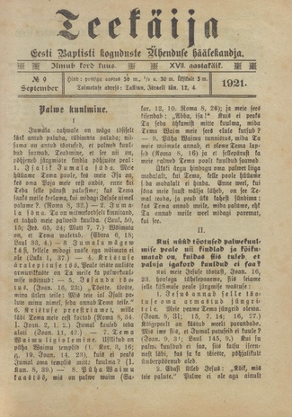 Teekäija : Eesti Baptisti Koguduse Ühenduse häälekandja ; 9 1921-09