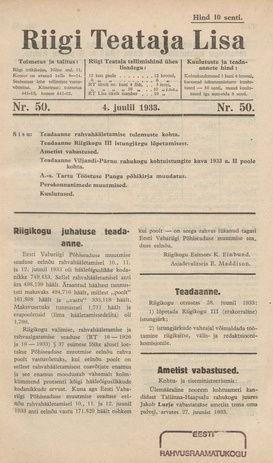 Riigi Teataja Lisa : seaduste alustel avaldatud teadaanded ; 50 1933-07-04