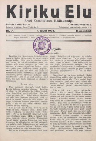Kiriku Elu : Eesti Katoliiklaste Häälekandja ; 7 1934-07-01