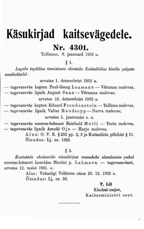 Käsukirjad kaitsevägedele : 1933 : nr. 4301-4370 : 9. jaan. - 29. dets.