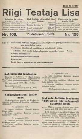 Riigi Teataja Lisa : seaduste alustel avaldatud teadaanded ; 106 1939-12-15