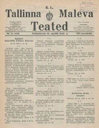 K. L. Tallinna Maleva Teated ; 11 (429) 1940-04-18