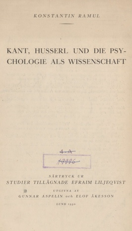 Kant, Husserl und die Psychologie als Wissenschaft