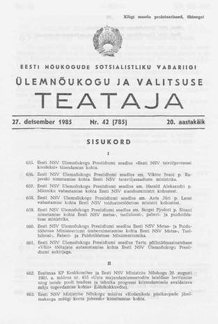 Eesti Nõukogude Sotsialistliku Vabariigi Ülemnõukogu ja Valitsuse Teataja ; 42 (785) 1985-12-27
