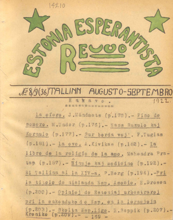 Estonia Esperantista Revuo ; 8-9 (36) 1922-08/09