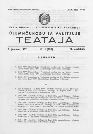 Eesti Nõukogude Sotsialistliku Vabariigi Ülemnõukogu ja Valitsuse Teataja ; 1 (778) 1987-01-09