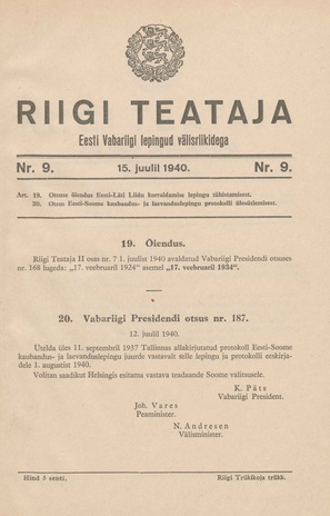 Riigi Teataja. Eesti Vabariigi lepingud välisriikidega ; 9 1940-07-15
