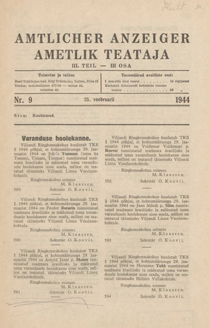Ametlik Teataja. III osa = Amtlicher Anzeiger. III Teil ; 9 1944-02-25