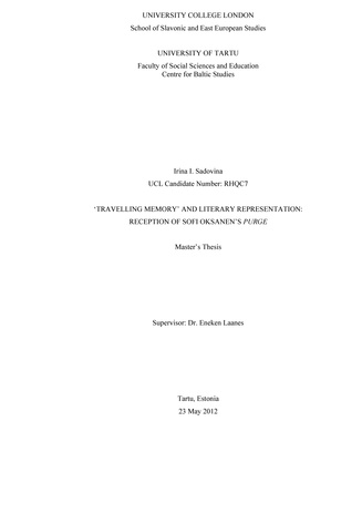 "Travelling memory" and literary representation: reception of Sofi Oksanen's "Purge" : master's thesis 