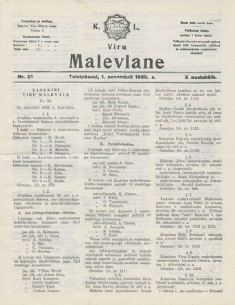 K. L. Viru Malevlane ; 21 1938-11-01