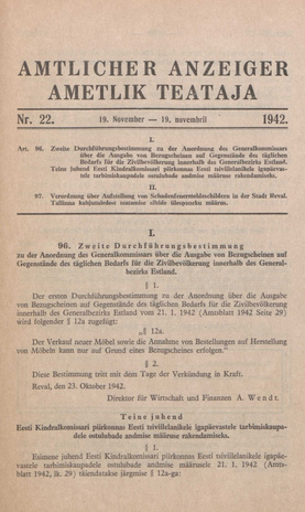 Ametlik Teataja. I/II osa = Amtlicher Anzeiger. I/II Teil ; 22 1942-11-19
