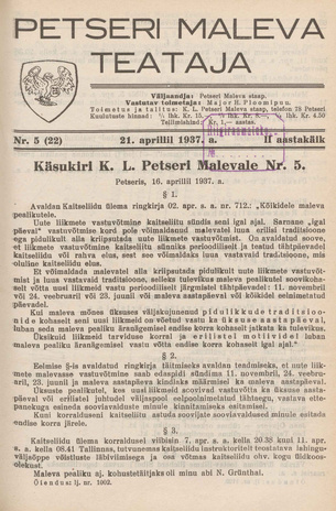 Petseri Maleva Teataja ; 5 (22) 1937-04-21