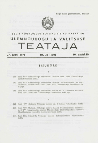 Eesti Nõukogude Sotsialistliku Vabariigi Ülemnõukogu ja Valitsuse Teataja ; 26 (500) 1975-06-27