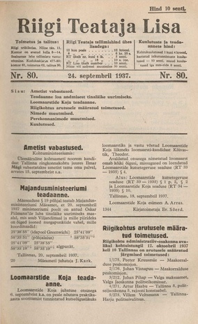 Riigi Teataja Lisa : seaduste alustel avaldatud teadaanded ; 80 1937-09-24