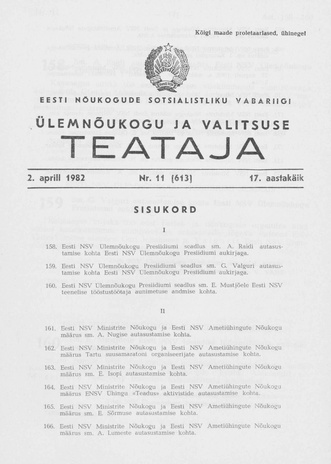 Eesti Nõukogude Sotsialistliku Vabariigi Ülemnõukogu ja Valitsuse Teataja ; 11 (613) 1982-04-02