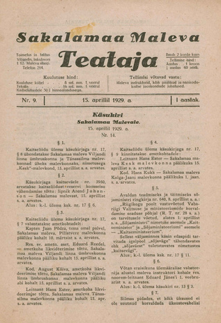 Sakalamaa Maleva Teataja ; 9 1929-04-15
