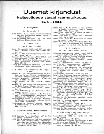 Uuemat Kirjandust Kaitsevägede Staabi raamatukogus ; 5 1934