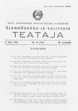 Eesti Nõukogude Sotsialistliku Vabariigi Ülemnõukogu ja Valitsuse Teataja ; 21 (764) 1985-07-09