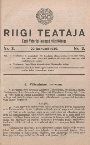 Riigi Teataja. Eesti Vabariigi lepingud välisriikidega ; 3 1939-01-20