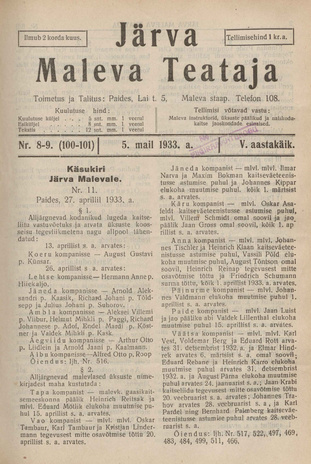 Järva Maleva Teataja ; 8-9 (100-101) 1933-05-05