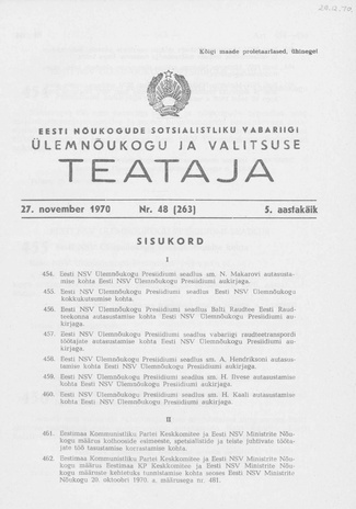 Eesti Nõukogude Sotsialistliku Vabariigi Ülemnõukogu ja Valitsuse Teataja ; 48 (263) 1970-11-27