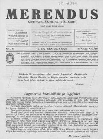 Merendus : mereasjanduslik ajakiri ; 6 1935