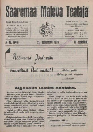 Saaremaa Maleva Teataja ; 18 (248) 1939-12-21