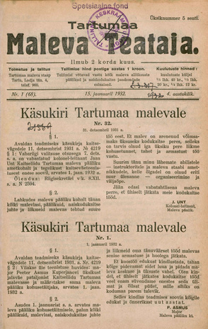 Tartumaa Maleva Teataja ; 1 (68) 1932-01-15