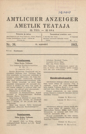 Ametlik Teataja. III osa = Amtlicher Anzeiger. III Teil ; 36 1943-09-16
