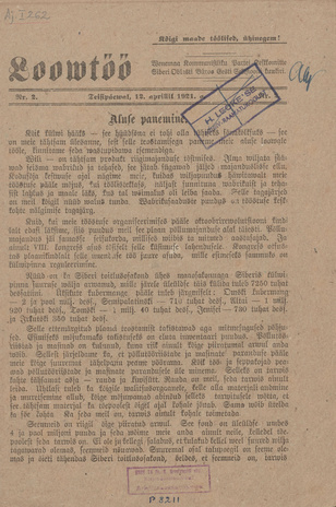 Loovtöö : Venemaa Kommunistliku Partei Keskkomitee Siberi Oblasti Büroo Eesti osakonna kuukiri ; 2 1921-04-12