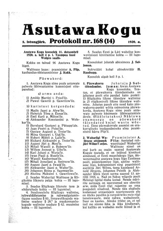 Asutawa Kogu protokoll nr.168 (14) (11. detsember 1920)