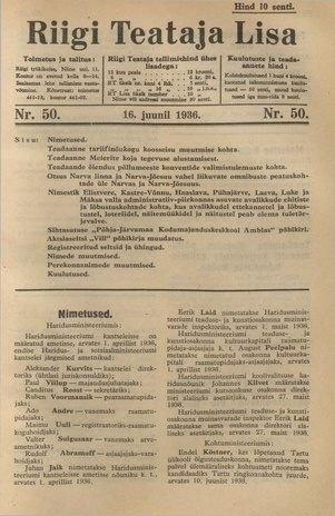 Riigi Teataja Lisa : seaduste alustel avaldatud teadaanded ; 50 1936-06-16