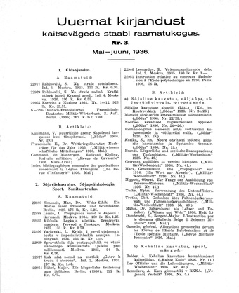 Uuemat Kirjandust Kaitsevägede Staabi raamatukogus ; 3 1936