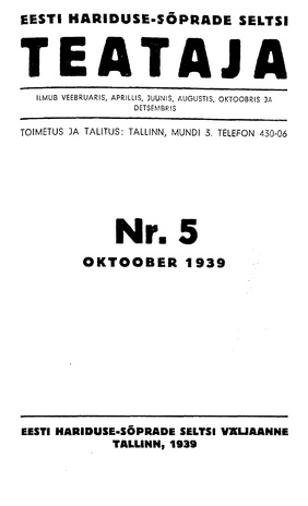 Eesti Haridussõprade Seltsi Teataja ; 5 1939-10