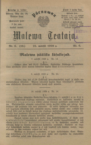 Pärnumaa Maleva Teataja ; 6 (10) 1929-03-25