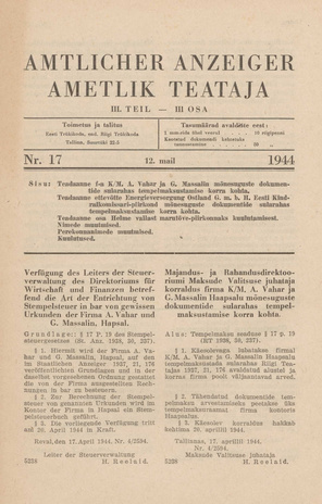 Ametlik Teataja. III osa = Amtlicher Anzeiger. III Teil ; 17 1944-05-12