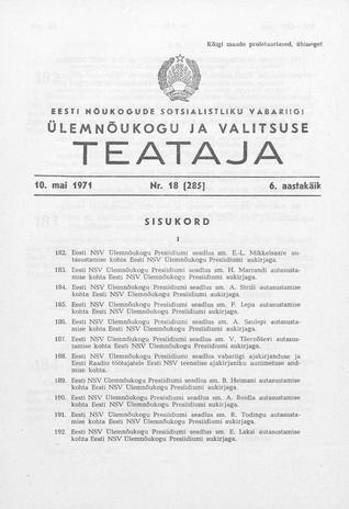 Eesti Nõukogude Sotsialistliku Vabariigi Ülemnõukogu ja Valitsuse Teataja ; 18 (285) 1971-05-10
