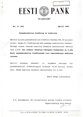 Eesti Pank : teabeleht ; 17 (83) 1995-04