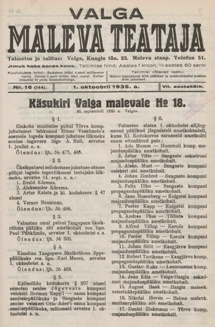 Valga Maleva Teataja ; 16 (144) 1935-10-01