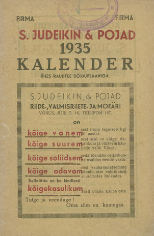 Firma S. Judeikin & Pojad : kalender 1935 : ühes raudteesõiduplaaniga