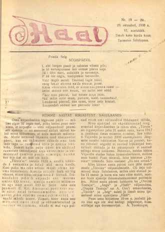 Hääl : kunsti, teaduse ja belletristika kuukiri ; 19-20 1938-10-29