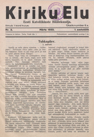 Kiriku Elu : Eesti Katoliiklaste Häälekandja ; 3 1933-03