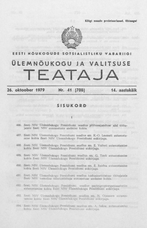 Eesti Nõukogude Sotsialistliku Vabariigi Ülemnõukogu ja Valitsuse Teataja ; 41 (708) 1979-10-26