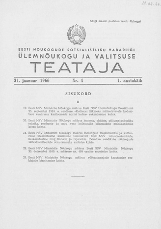 Eesti Nõukogude Sotsialistliku Vabariigi Ülemnõukogu ja Valitsuse Teataja ; 4 1966-01-31